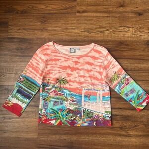 Y2K Boho Artsy Vibrant Tropical Pink Sequin Beaded Shirt Tie Dye Women Medium